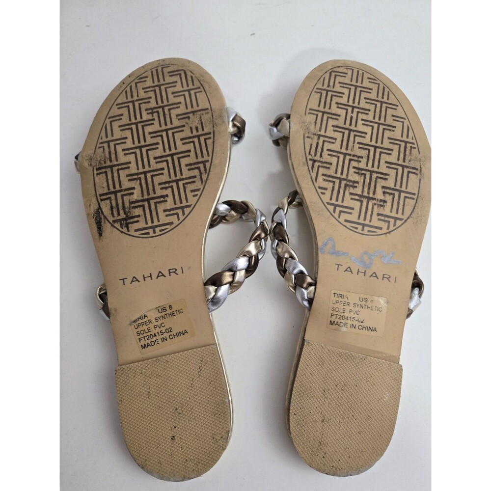 Tahari Size 8 Metallic Gold Slide Sandals Braided Gold Silver Strap Flat Slip on - Picture 2 of 7